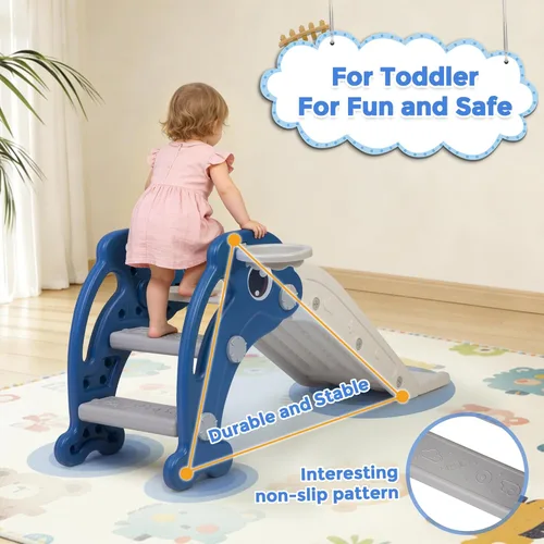 Miniatura 6 de NYEEKOY Juego de tobogán 3 en 1 para niños pequeños, tobogán para bebé con aro de baloncesto y pelota, patio de juegos para interiores y exteriores