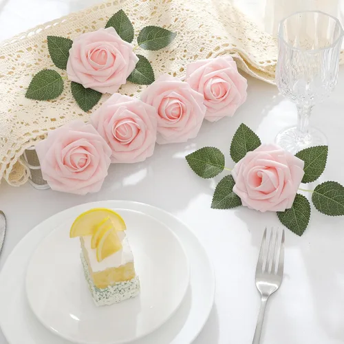 Miniatura 5 de DerBlue 60 rosas artificiales de aspecto real, rosas artificiales de espuma para decoración de bodas, arreglos, fiestas, decoración del hogar