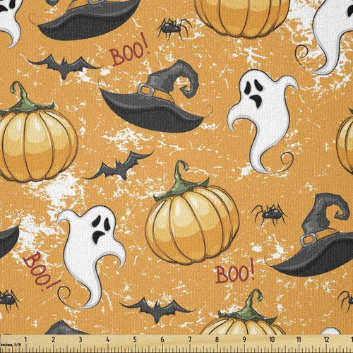 Miniatura 136 de Ambesonne The Yard, tela de calavera colorida con temática de Halloween, diseño de calavera y huesos cruzados, divertido estampado de dibujos
