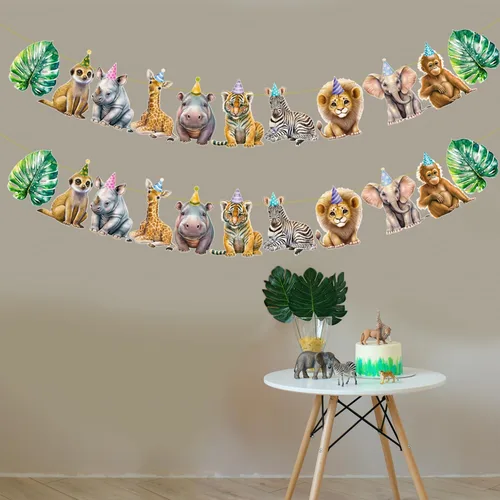 Miniatura 8 de Pancarta de animales de safari, 2 unidades, banderines recortados para fiesta de selva, carteles colgantes con temática de safari, decoraciones