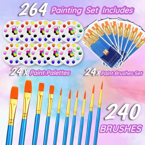Miniatura 2 de Juego de 264 pinceles y paletas de pintura, 24 paquetes de 240 pinceles a granel, 24 bandejas de pintura para pintura, pinceles acrílicos