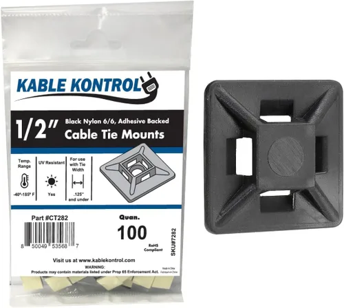 Kable Kontrol Soportes para bridas de cremallera, 1/2 pulgada cuadrada, color negro, 100 unidades, con respaldo adhesivo, multiusos, resistentes a