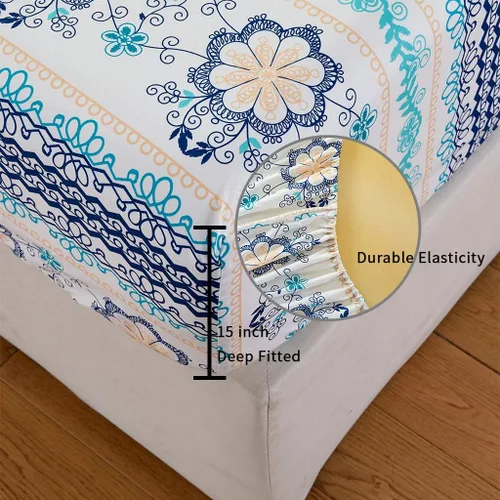 Miniatura 6 de JSD - Juego de sábanas tamaño queen de microfibra suave con estampado floral bohemio azul, 4 piezas, esquinas tipo bolsillos extraprofundos Floral 3