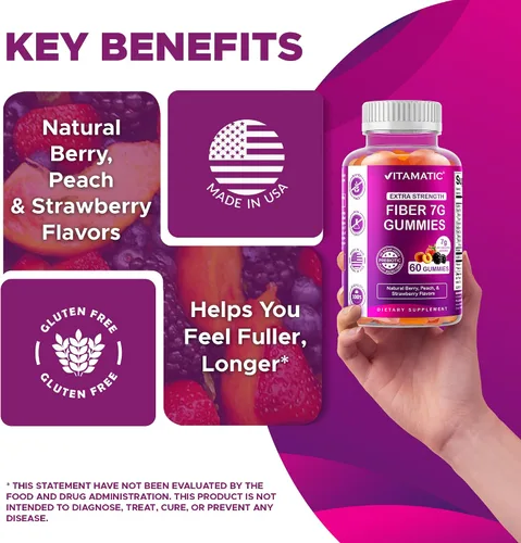 Miniatura 7 de Vitamatic Gomitas de fibra prebiótica para adultos – 7g de fibra por porción – 60 gomitas a base de pectina de fuerza extra, sin azúcar añadida