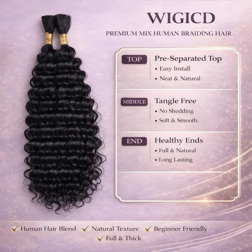 Miniatura 2 de Mezcla de cabello humano trenzado sintético bohemio para trenzar, 16 pulgadas de onda profunda a granel para trenzas bohemias, 2 piezas de cabello 1b