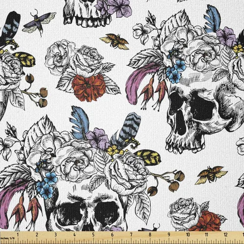 Miniatura 18 de Ambesonne The Yard, tela de calavera colorida con temática de Halloween, diseño de calavera y huesos cruzados, divertido estampado de dibujos