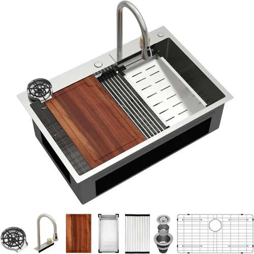 Miniatura 21 de Logmey Fregadero de cocina negro 33x22 empotrable, estación de trabajo de fregadero de cocina, SUS304 calibre 16 acero inoxidable, tazón individual