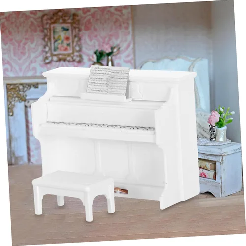 Miniatura 5 de TOYANDONA Casa de muñecas vertical modelo de piano en miniatura teclado de piano juguete con taburete para niños musical educativo micro paisaje