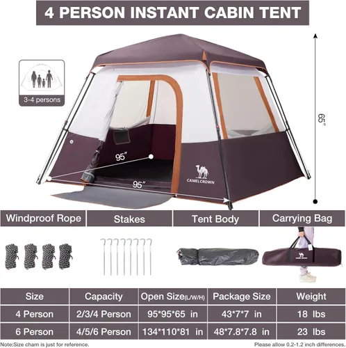Miniatura 3 de CAMEL CROWN 4/6 Person Instant Cabin Tent, Pop Up Windproof Tents for Camping, 60-Second Setup Family Tent with Carry Bag for Outdoor Hiking Uva rojo