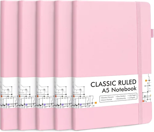 Miniatura 32 de feela Paquete de 5 cuadernos a granel, cuadernos de tapa dura clásicos rayados con soporte para bolígrafo para mujeres y niñas, suministros