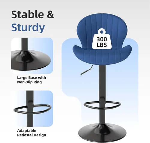 Miniatura 6 de Youhauchair - Juego de 2 taburetes de bar modernos, de terciopelo con altura ajustable y giratorios, sillas de isla de cocina sin brazos con Azul