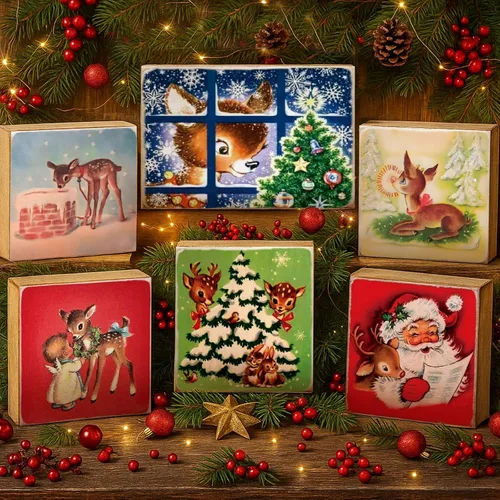 Roowest Paquete de 6 carteles de decoración de Navidad vintage tradicionales victorianos de Papá Noel, reno, placa de madera clásica retro para