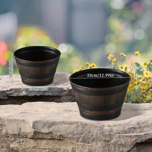 Miniatura 4 de YI Paquete de 4 macetas de jardín de barril de whisky de 13 pulgadas de resina de roble rústico para macetas de interior y exterior