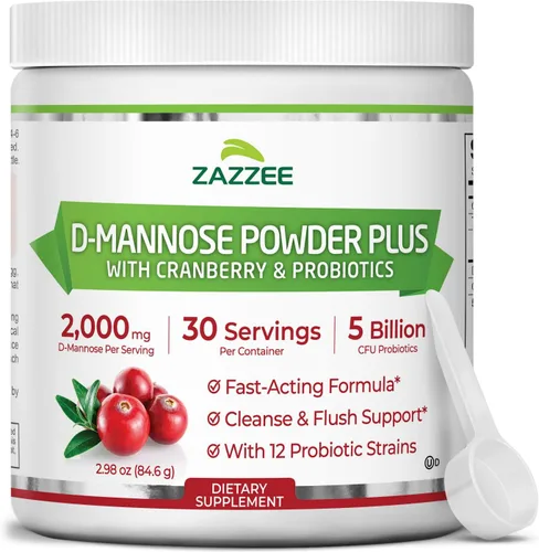 Zazzee D-manosa en polvo Plus, 2000 mg, 30 porciones, potente y de acción rápida, más 5 mil millones de probióticos CFU y extracto de jugo de