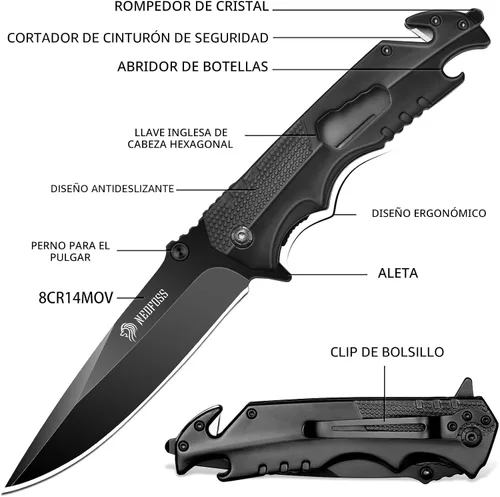 Miniatura 3 de NedFoss FA48 - Cuchillo de bolsillo para hombres, cuchillo plegable multiherramienta 5 en 1 con bloqueo de marco, abrebotellas, rompevidrios