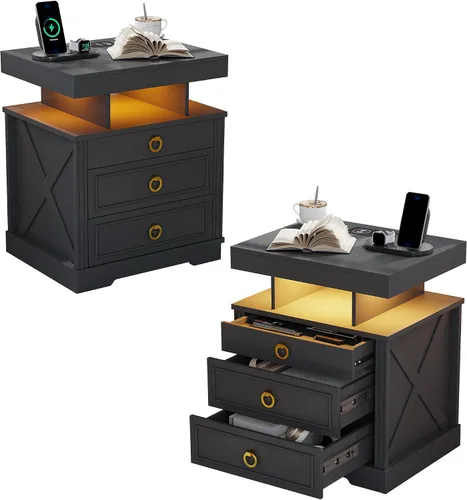 Miniatura 12 de HNEBC Mesita de noche con cajones para armas, mesita de noche de granja con estación de carga, mesita de noche secreta con luz automática de 3