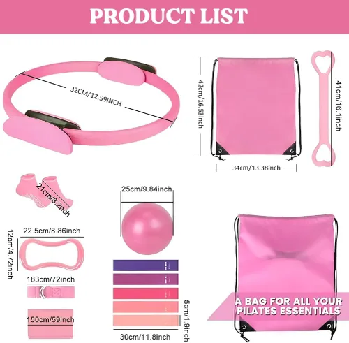 Miniatura 6 de Juego de anillos de pilates de 13 piezas, kit de pilates para mujer, accesorios de equipo de ejercicio, deformación, círculo mágico con asas Rosa