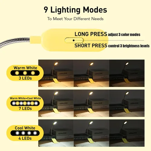 Miniatura 3 de VAVOFO - Lámpara de lectura recargable para leer en la cama para niños, 7 LED con luz de 9 niveles de blanco cálido y blanco frío, lámpara