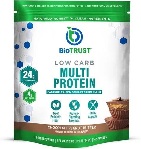 Miniatura 13 de BioTrust Proteína en polvo baja en carbohidratos, deliciosa mezcla de suero y caseína de vacas alimentadas con pasto, sin OMG, sin gluten (chocolate)