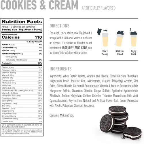 Miniatura 7 de Isopure Zero Carb 100% Proteína Pura de Suero Aislado en Polvo, Libre de Lactosa, Libre de Gluten, con Vitaminas, Galletas y Crema, 11.3 oz (25 g)
