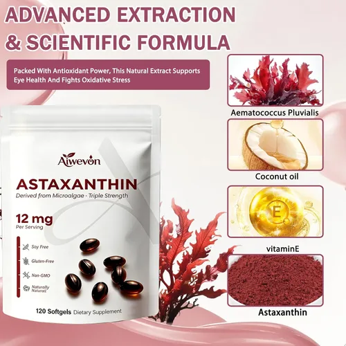 Miniatura 3 de Suplemento de astaxantina de 12 mg de cápsulas blandas, astaxantina natural de microalgas con aceite MCT para absorción, potente apoyo antioxidante