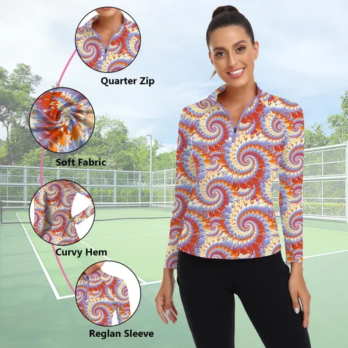 Miniatura 129 de WOWENY Camiseta deportiva de manga larga para mujer, con cremallera de un cuarto, cuello para entrenamiento, camiseta de tenis con estampado
