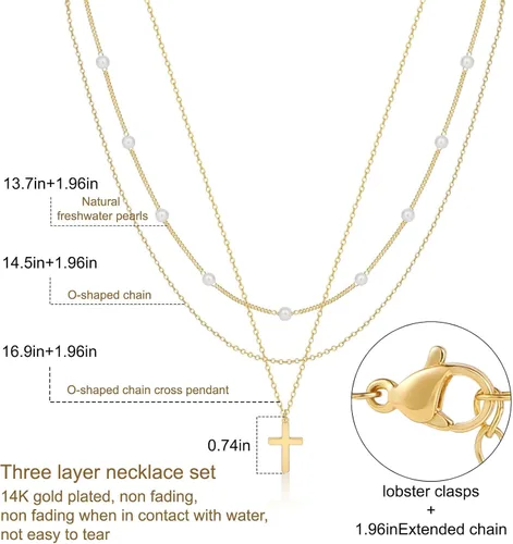 Miniatura 6 de ASCOMY Collares en capas para mujer, delicado collar de oro chapado en oro de 14 quilates, collar de espiga para mujer, collar de cruz de perlas