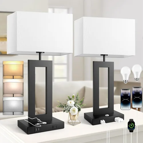 Miniatura 18 de Kondras Juego de 2 lámparas de mesa para dormitorios, 3 temperaturas de color, control táctil, lámparas de noche con 2 puertos USB y salida de CA