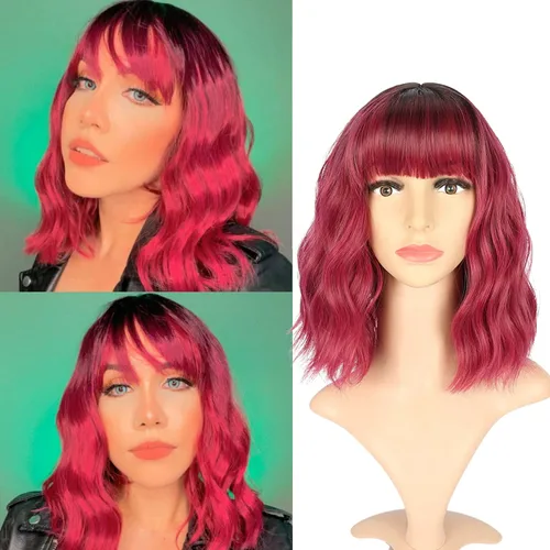 Miniatura 34 de VCKOVCKO Peluca natural ondulada rosa pastel, pelucas coloridas con flequillo de aire, pelucas cortas estilo Bob para mujer, pelucas largas hasta