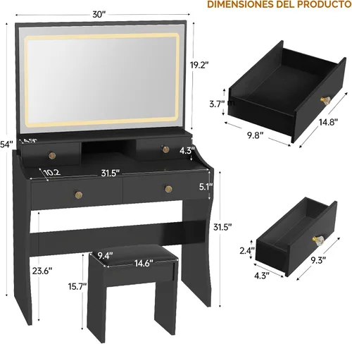 Miniatura 3 de COMHOMA Vanity Desk with LED Lights Mirror & Power Outlet, Small Makeup Vanity Table Set with 5 Storage Drawers, 3 Lighting Modes & Adjustable