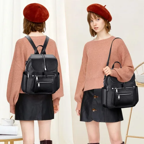 Miniatura 3 de ALTOSY Mochila de cuero para mujer, bolso casual de moda con múltiples bolsillos y solapa
