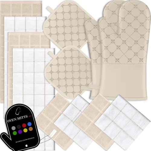 Miniatura 12 de Juego de 12 manoplas de cocina con soportes para ollas, juego de 12 paños de cocina, guantes de horno, almohadillas resistentes al calor a 500 Beige