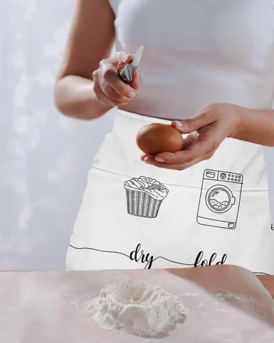 Miniatura 2 de Laundry Room Server Aprons with 3 Pockets, Cartoon Wash Dry Fold Repeat Simple Lines Art Waitress Waist Apron for Women Men Waterproof Half Aprons