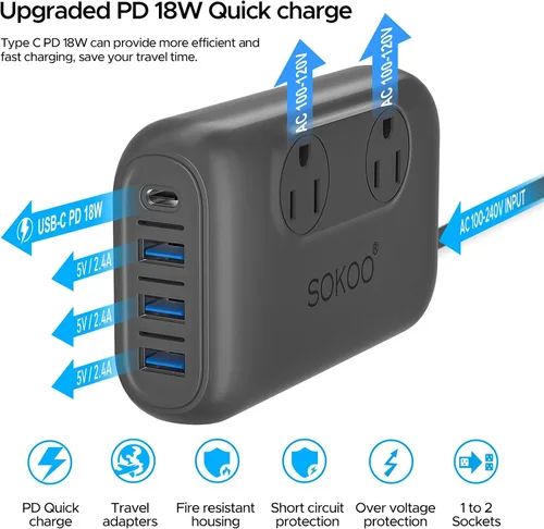Miniatura 4 de SOKOO Convertidor de voltaje de 220 V a 110 V, adaptador de viaje universal internacional, 4 puertos USB (1 USB C) convertidor de corriente reductor