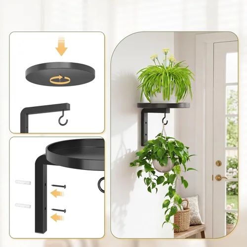 Miniatura 5 de LASZOLA 2 piezas de estantes de pared para plantas con ganchos para macetas de interior, soportes flotantes de ventana de metal resistente para Negro