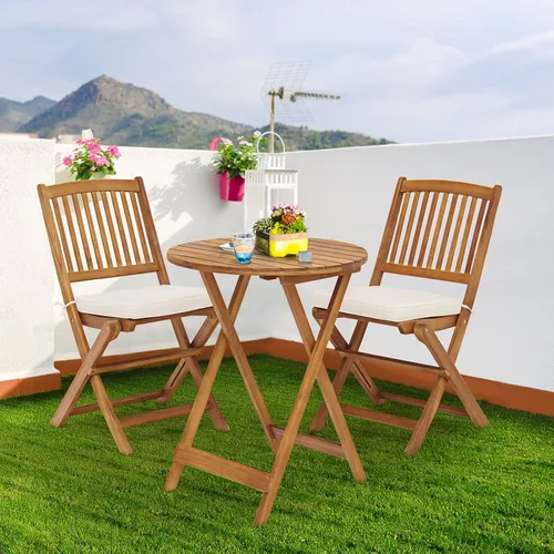 Juego de 2 mesas y sillas de bistró al aire libre, juego de bistró plegable para patio con cojín acolchado y mesa de centro redonda para patio