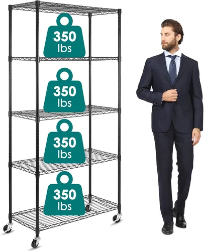 WDT Estantería de 5 estantes sobre ruedas, estante ajustable de metal resistente, estante de almacenamiento de alambre para oficina en casa, garaje,