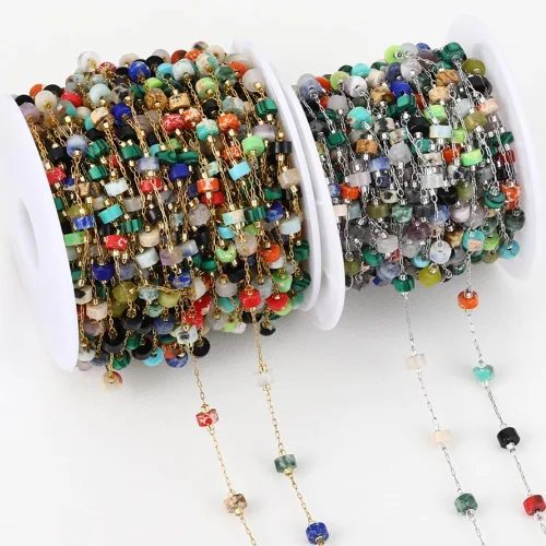 Miniatura 4 de GIOTEL Cadena de cuentas de piedra natural de acero inoxidable de 3.3 ft para pulseras hechas a mano, collares, collares, materiales de fabricación