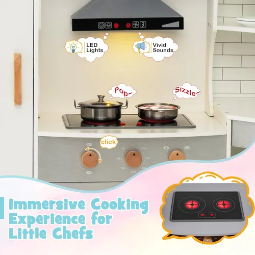 Miniatura 3 de Juego de cocina de esquina de madera para niños con luces y sonidos, juego de cocina de juguete con traje de chef, cocina para niños pequeños