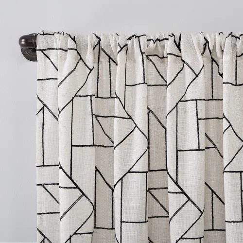 Miniatura 2 de Archaeo Cortina de mezcla de lino natural moderna de mediados de siglo con bordado geométrico fragmentado, 50 x 63 pulgadas, negro/lino