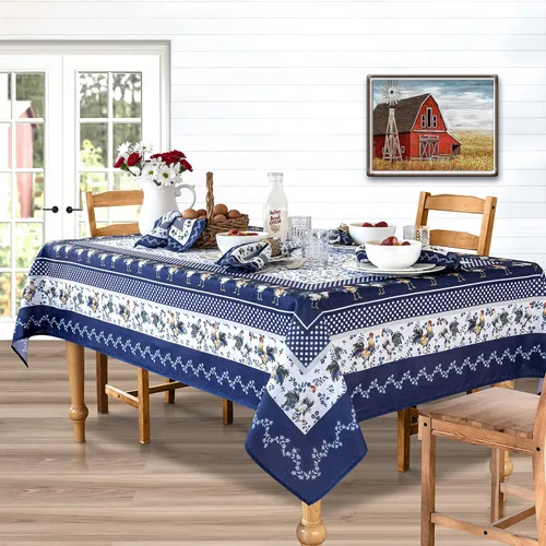 Miniatura 2 de Home Bargains Plus Mantel rectangular de tela, 52 x 70 pulgadas, gallo azul provenzal, resistente a las arrugas, el agua y las manchas, color granja