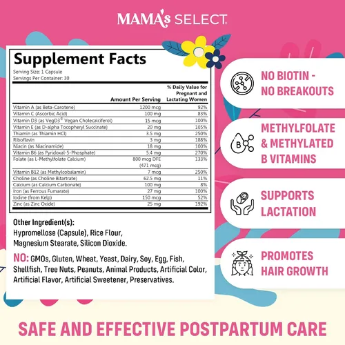 Miniatura 2 de Mama's Select Vitaminas posnatales – Aumenta la recuperación del cabello, suministro de leche y bienestar – Sin alérgenos, veganas, aptas