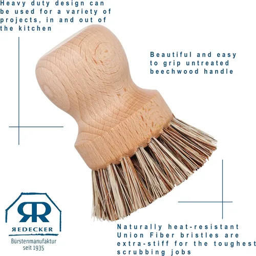 Miniatura 3 de Redecker Cepillo para ollas, fibra de unión, paquete de 2 cepillos resistentes para ollas, hierro fundido y residuos horneados, madera de haya