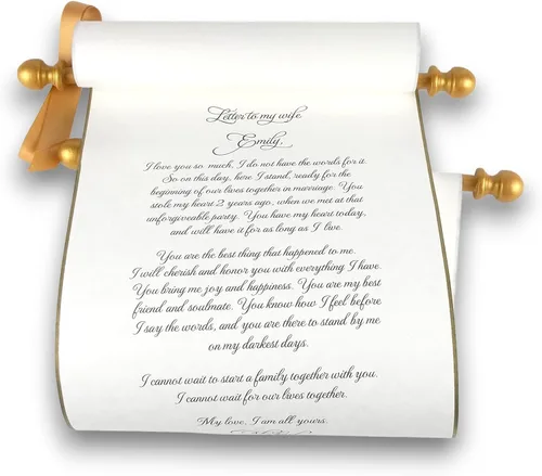 Pergamino personalizado de letras en papel pergamino crema de 8 x 20 pulgadas con detalles dorados, hecho a mano en los Estados Unidos