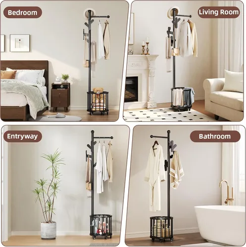 Miniatura 8 de CozyDH Perchero de madera con soporte para paraguas y ruedas, perchero independiente con múltiples ganchos, resistente para entrada, dormitorio