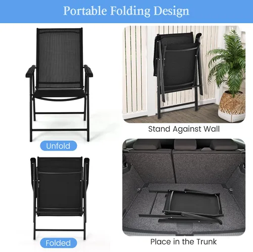 Miniatura 7 de Tangkula Juego de 2 sillas plegables para patio, sillas de comedor de tela para exteriores con respaldo alto y reposabrazos, marco de metal Negro