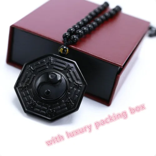 Miniatura 6 de Kitch Aroma Natural Tai Chi Grabado Negro Piedras de Obsidiana Colgante Collar con Extend Bead Chain