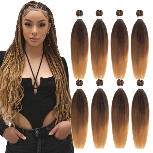 Miniatura 19 de Cabello trenzado preestirado, cabello trenzado degradado de 24 pulgadas, 6 paquetes de ajuste de agua caliente, cabello sintético Yaki profesional
