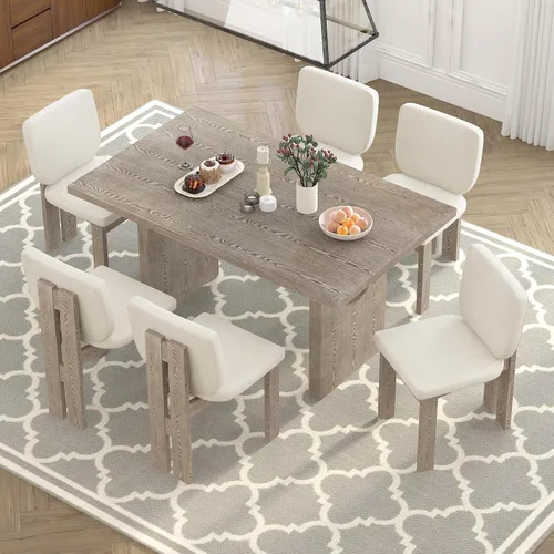 Miniatura 14 de Elegante juego de mesa de comedor de cocina de 6 piezas, mesa rectangular de madera y 4 sillas copetudas de respaldo alto y 1 banco, juego de mesa