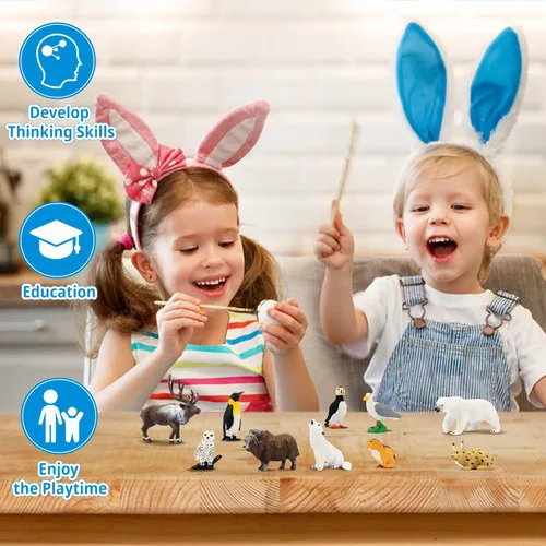 Miniatura 9 de Toymany Juego de 14 mini figuras de animales árticos, juguetes de animales polares con oso polar, caribú, pingüino, morsa, lobo, figuras